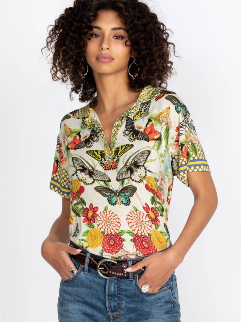 Johnny Was Cream Short Sleeve Tee with Multicolor Butterfly & Floral Motif
